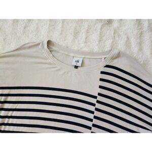 Cabi 4237 Womens‎ Tee Size XS Blue Beige Box Stripe Long Sleeve Rayon Blend